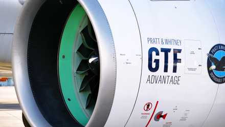 A close up a a Pratt and Whitney GTF engine on an A320neo.