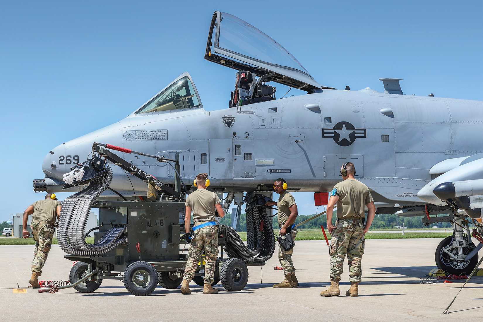 127th Aircraft Maintenance Squadron at Selfridge Air National Guard Base, Michigan, as they load the GAU-8A 30MM internal gun system of the A-10 Thunderbolt II.