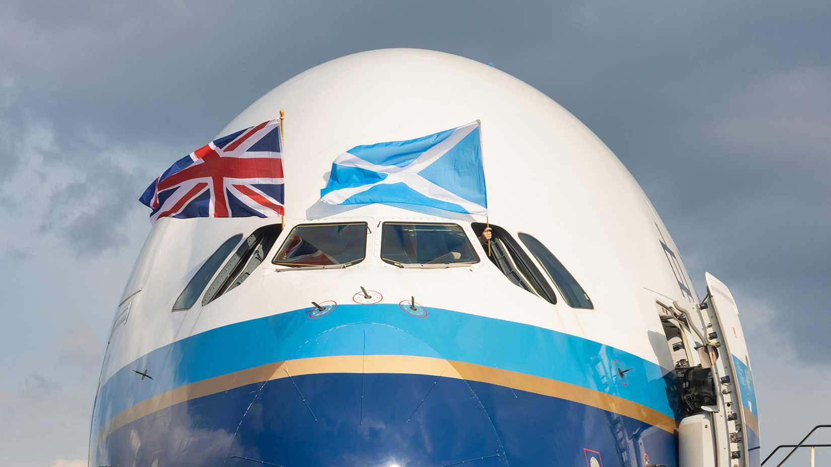 9H Global Airlines A380 arrives in the UK