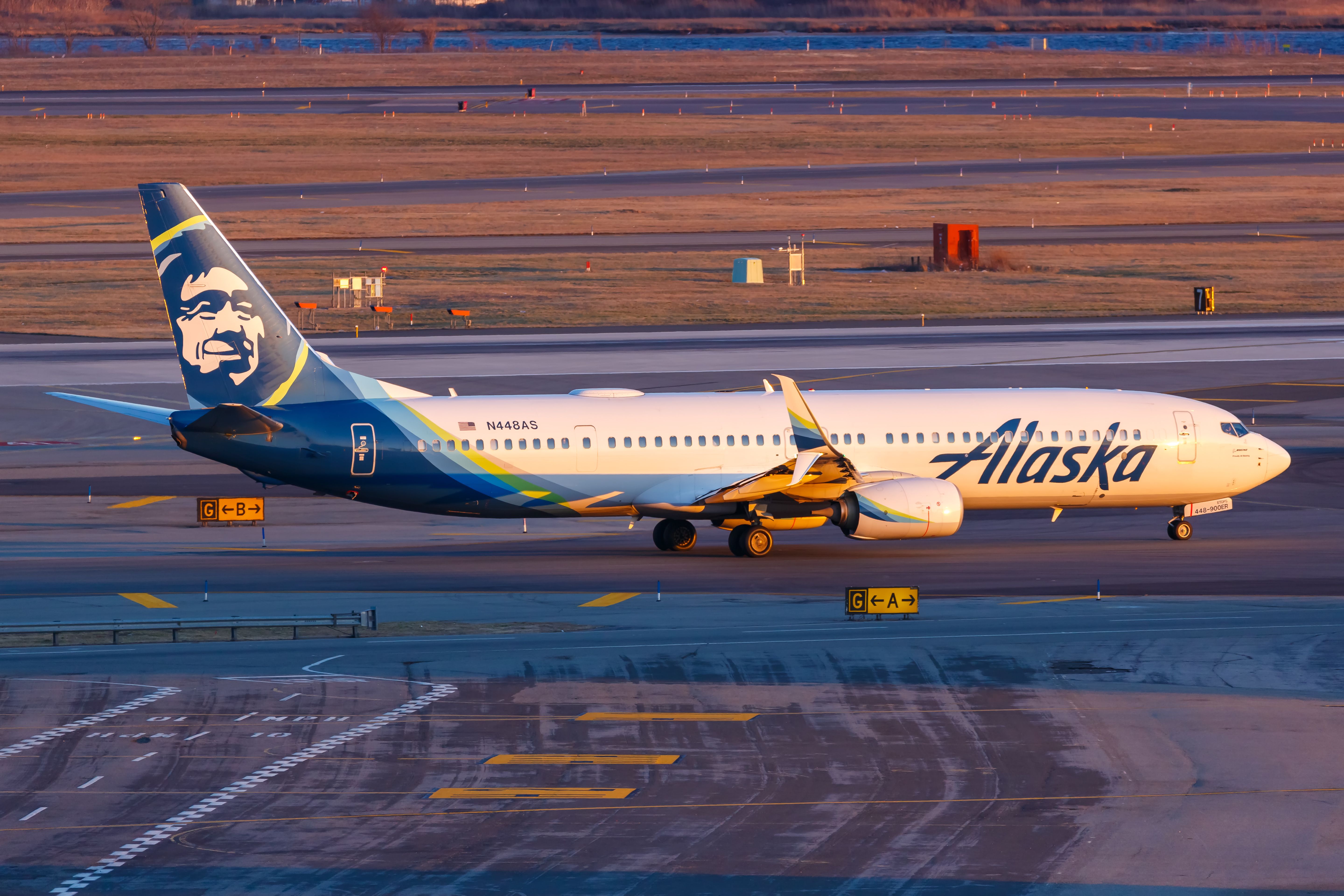 Alaska Airlines Boeing 737-900ER at New York John F Kennedy International Airport JFK shutterstock_1734290312