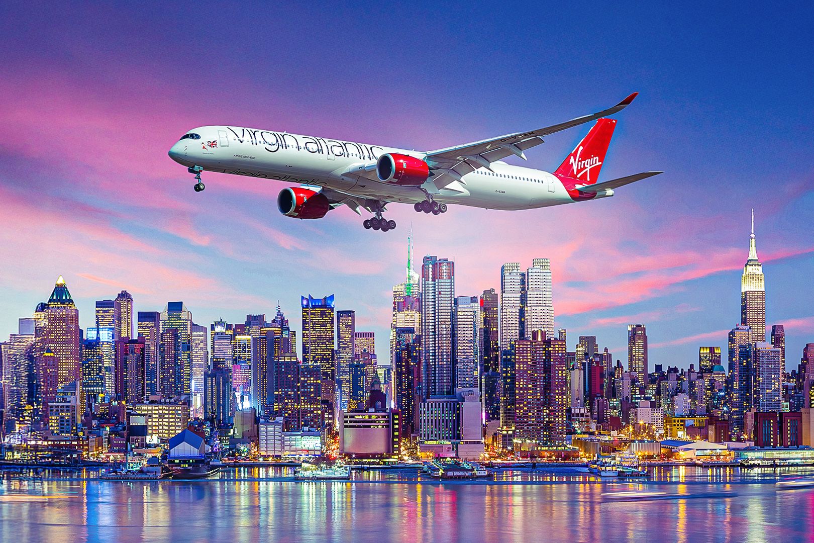 Virgin Atlantic A350 flying above New York City