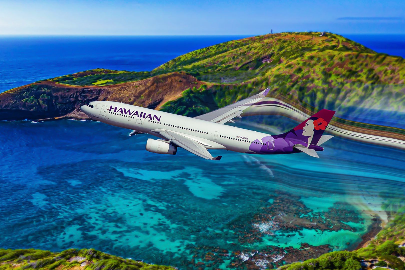 Hawaiian Airlines flying over island