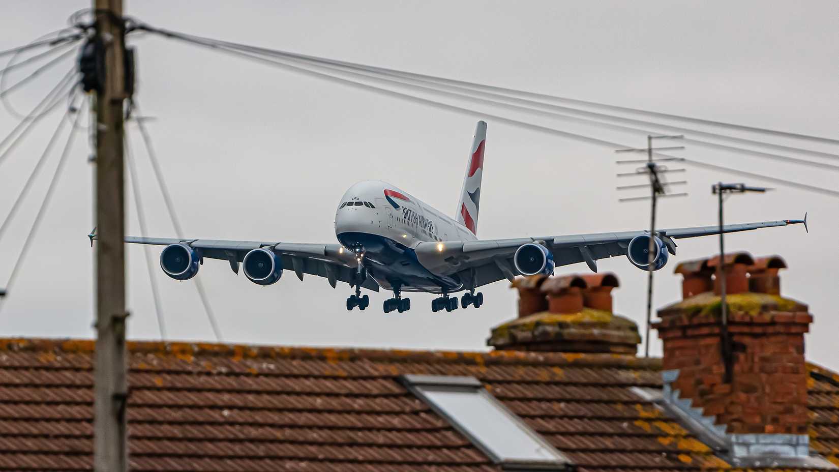 British Airways Airbus A380 landing at LHR shutterstock_2271780981