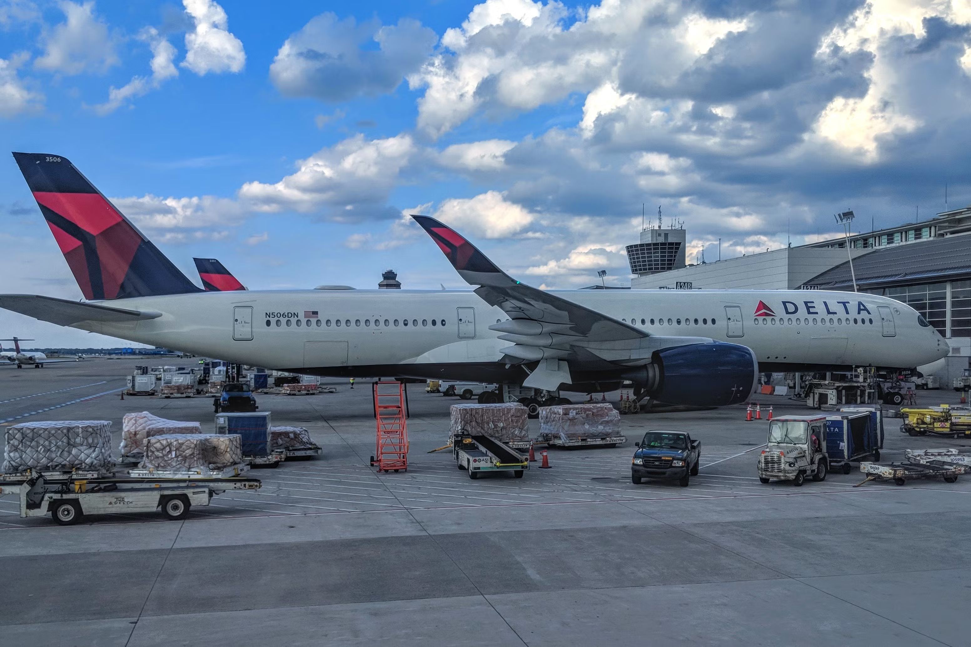 Delta Air Lines Airbus A350-900 at the gate at DTW shutterstock_1201457014 (1)