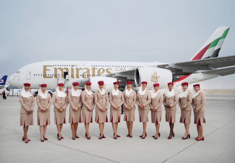 Emirates A380 at Dubai Air Show with flight attendants