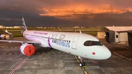 Airbus A321XLR aircraft pictured in Toulouse under the sunset.