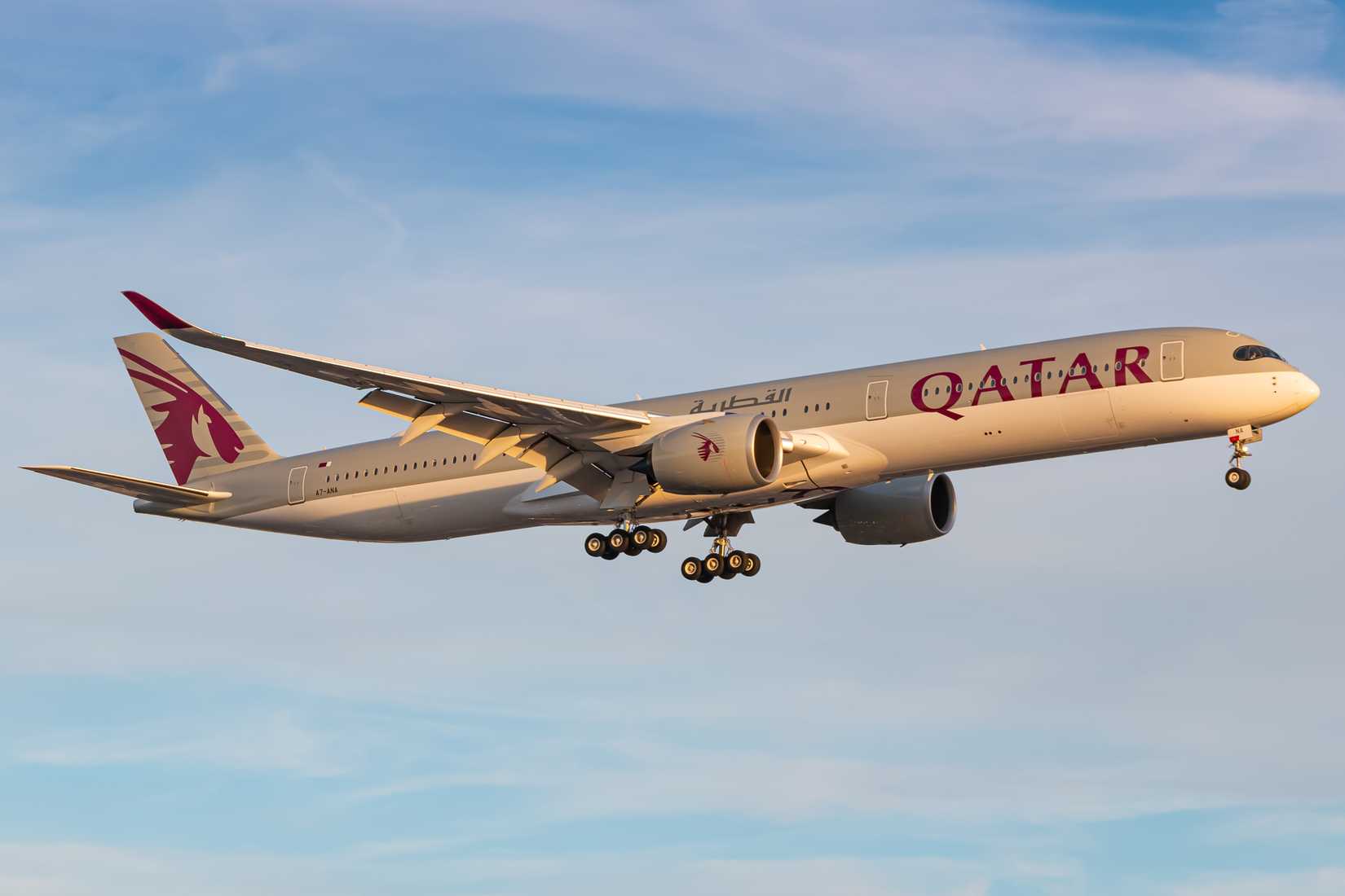 Qatar Airways Airbus A350-1000 landing at London Heathrow Airport LHR shutterstock_1716409885