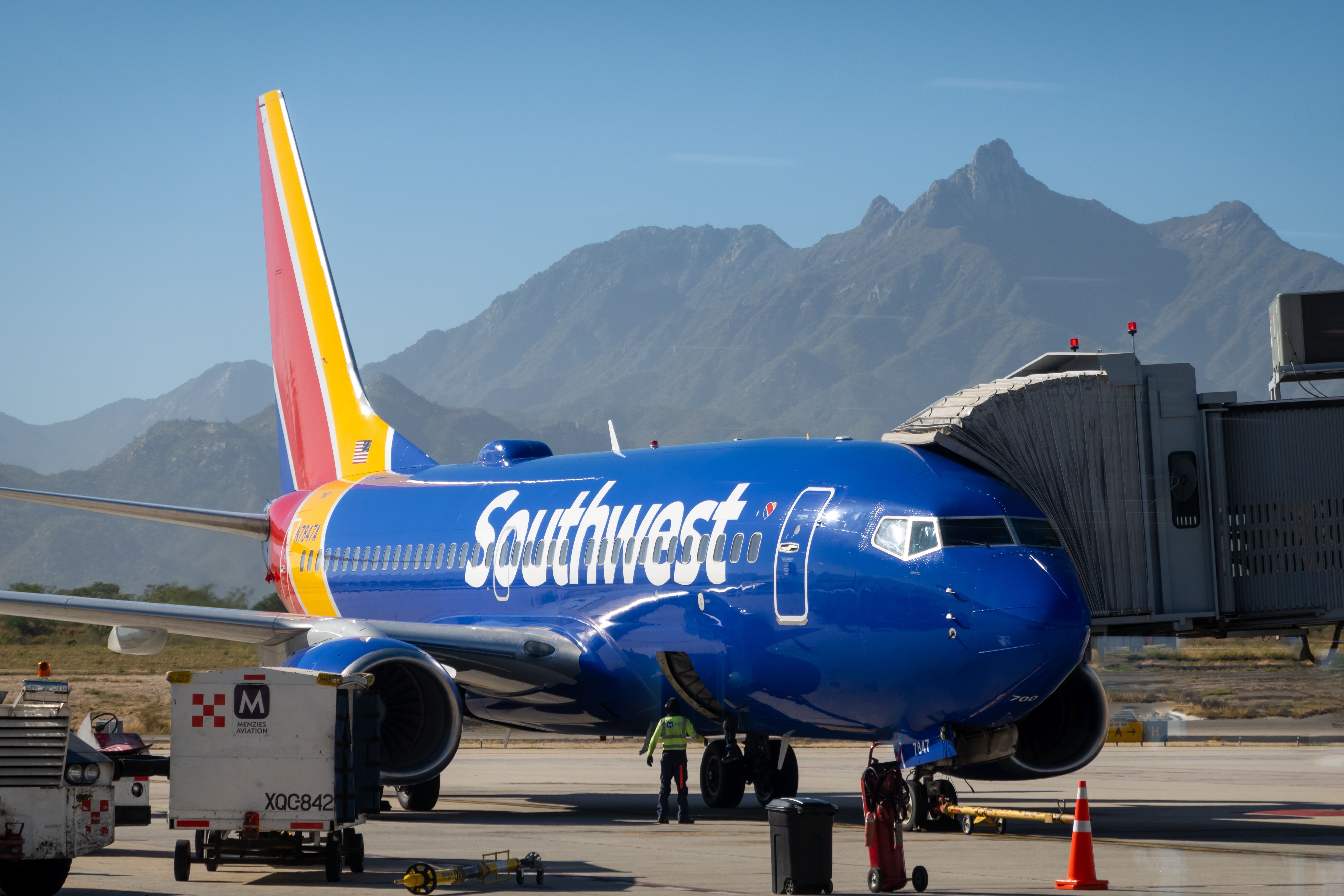 Southwest Airlines Boeing 737 parked at the gate in Cabo, Mexico shutterstock_2549166423