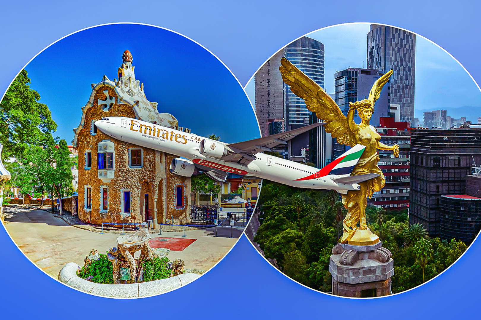 Emirates air craft flying by destination cities