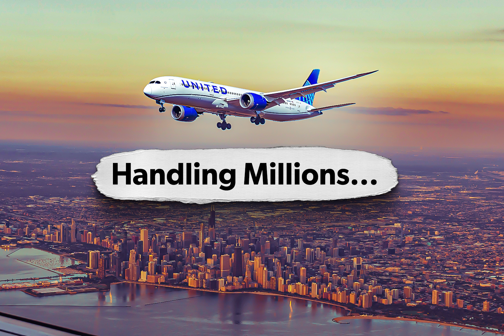 United Airlines flight flying over city