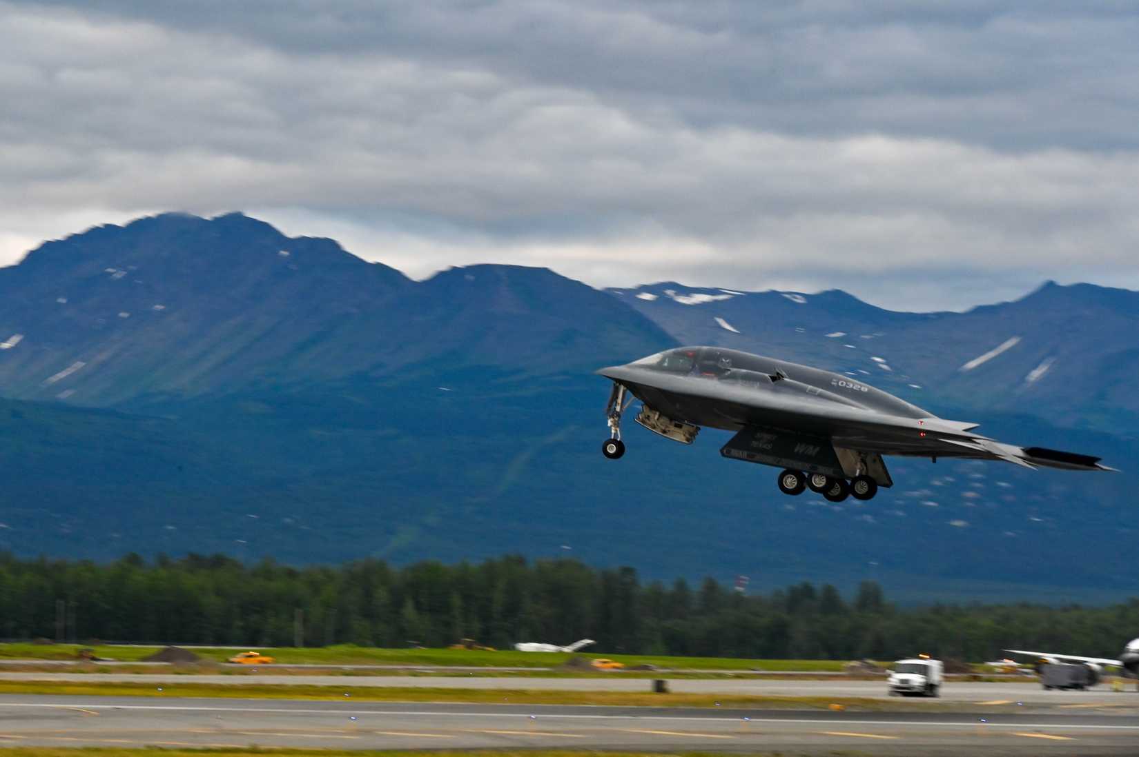A B-2 Spirit assigned to the 509th Bomb Wing takes off at Joint Base Elmendorf-Richardson, Alaska, July 19, 2023, as part of a bomber Agile Combat Employment exercise.