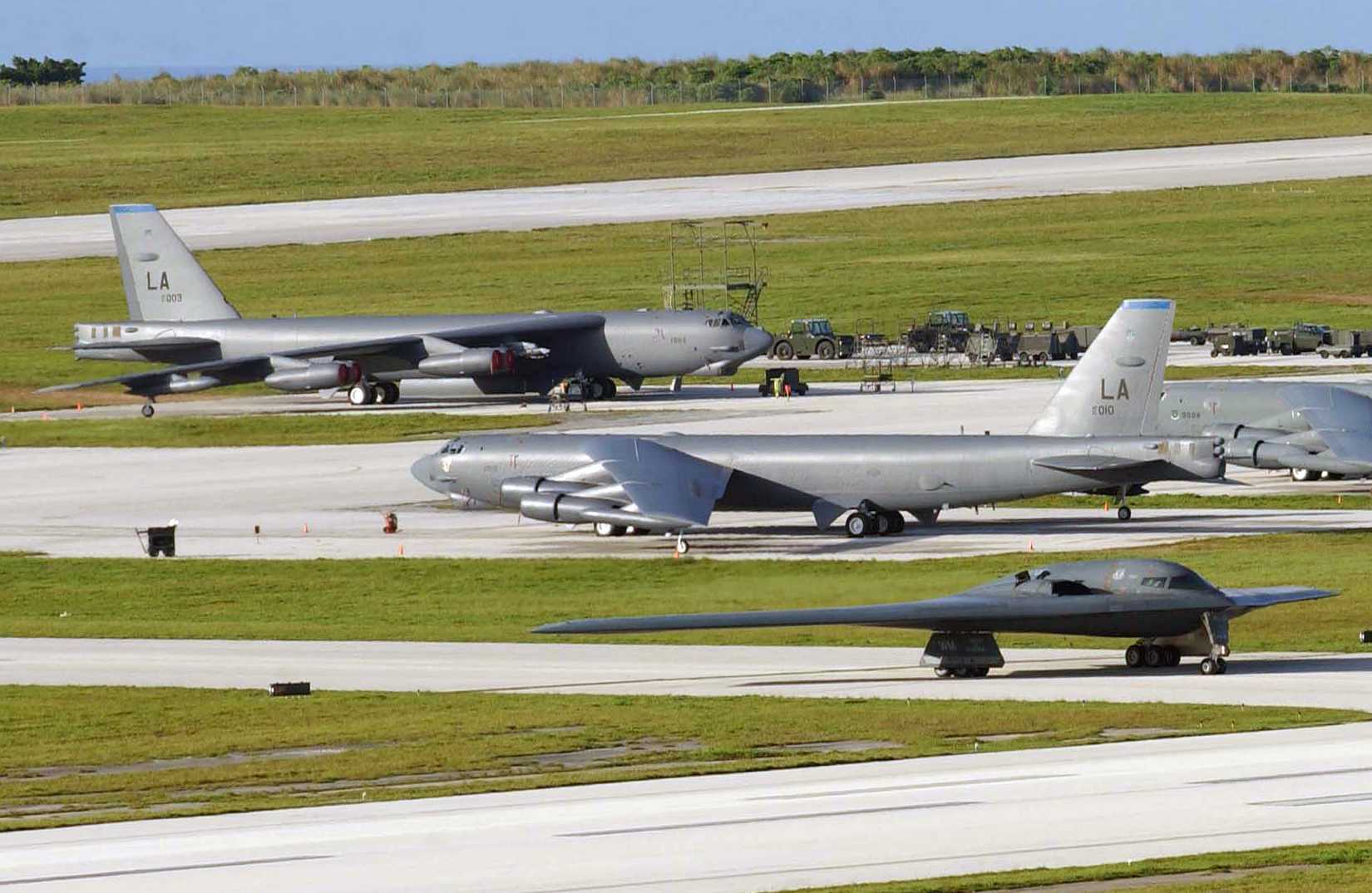 A US Air Force (USAF) B-2 Spirit stealth bomber taxis onto the flightline at Anderson Air Force Base (AFB), Guam (GU), in support of exercise Coronet Bugle 49.