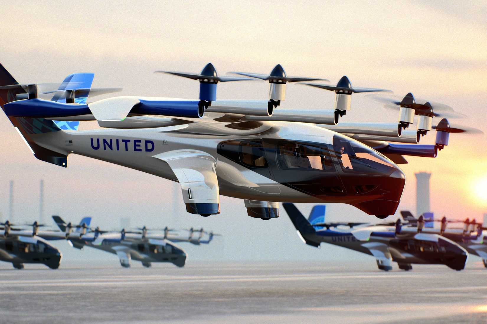 An Archer aircraft flies with United Airlines livery