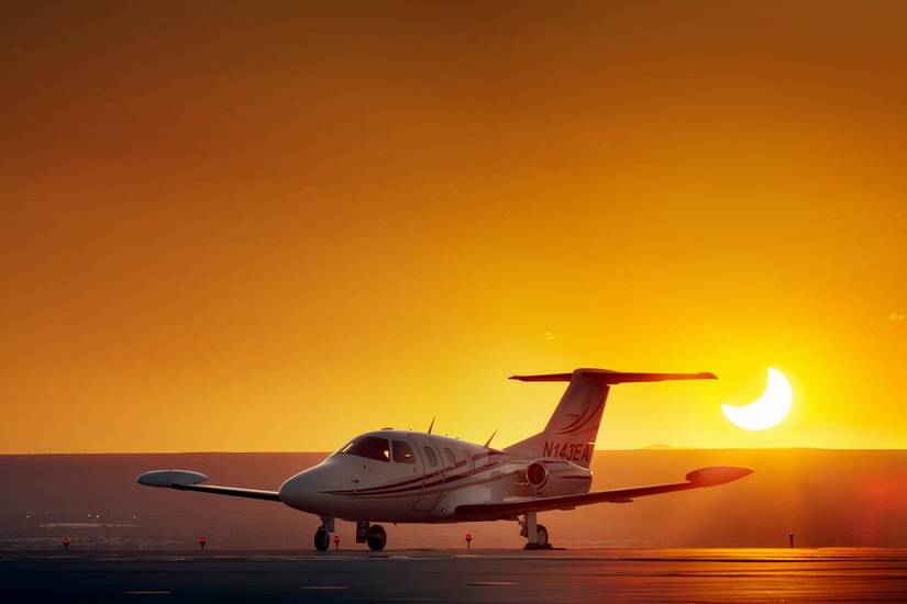 Eclipse 550 sitting on the tarmac at sunset.
