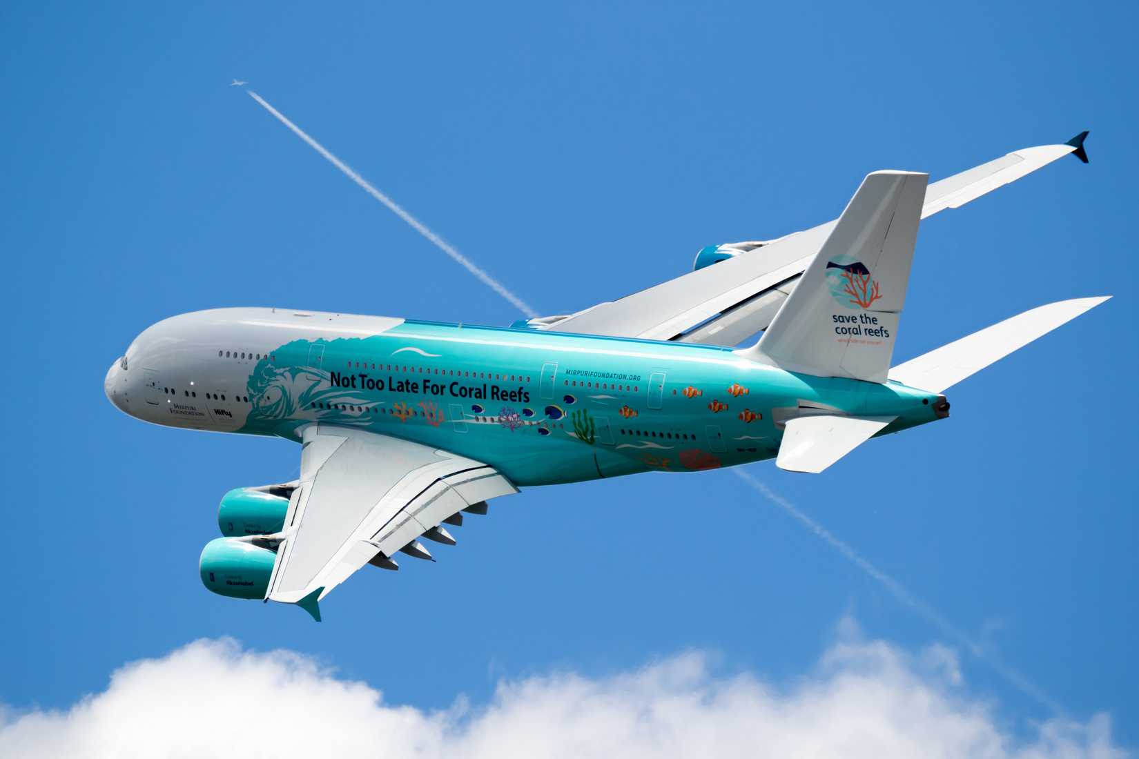 Save The Coral Reefs Special livery Airbus A380 passenger plane performing at the Paris Air Show.