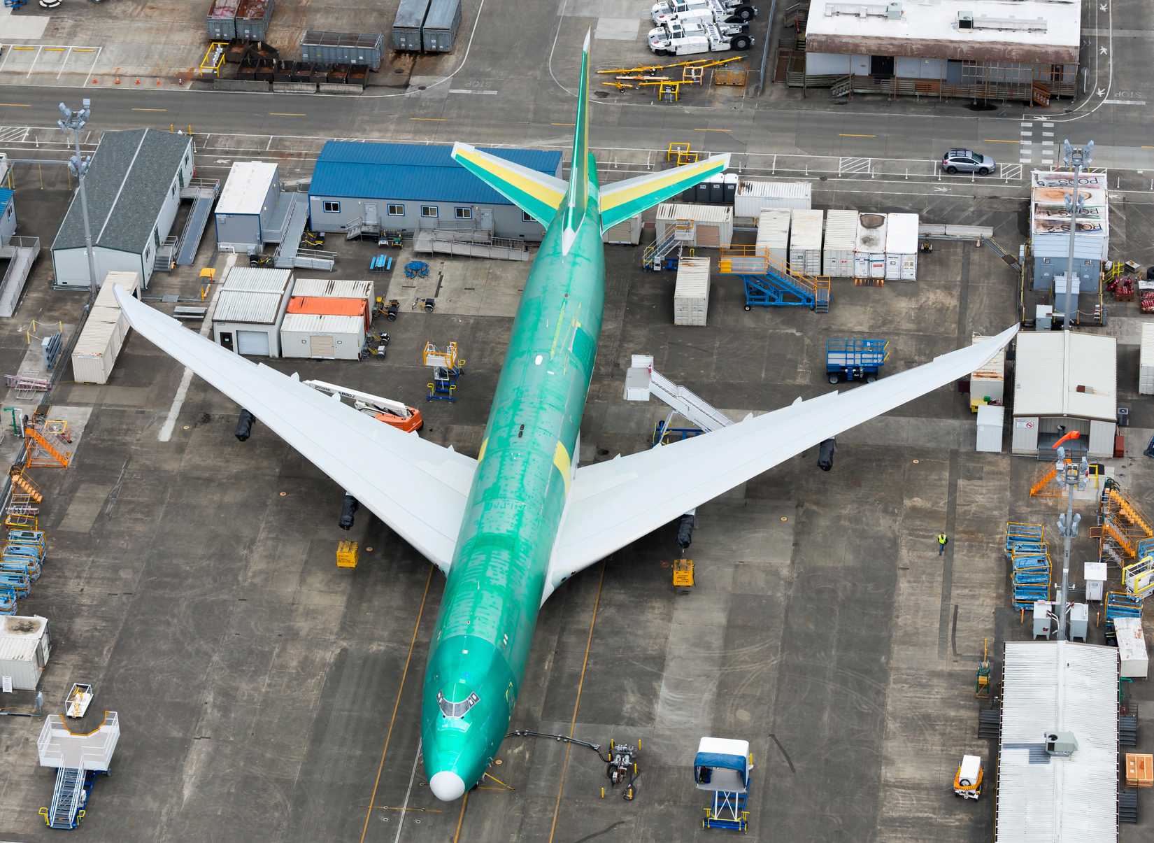 Boeing 747-8F version wearing the green anti corrosion coat at Paine Field. 