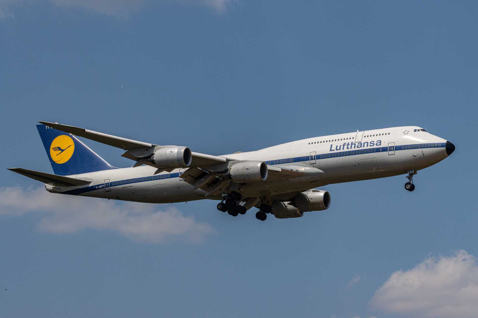 Lufthansa Boeing 747-8i at Frankfurt airport (FRA). The plane has a retro livery from the 1970s 