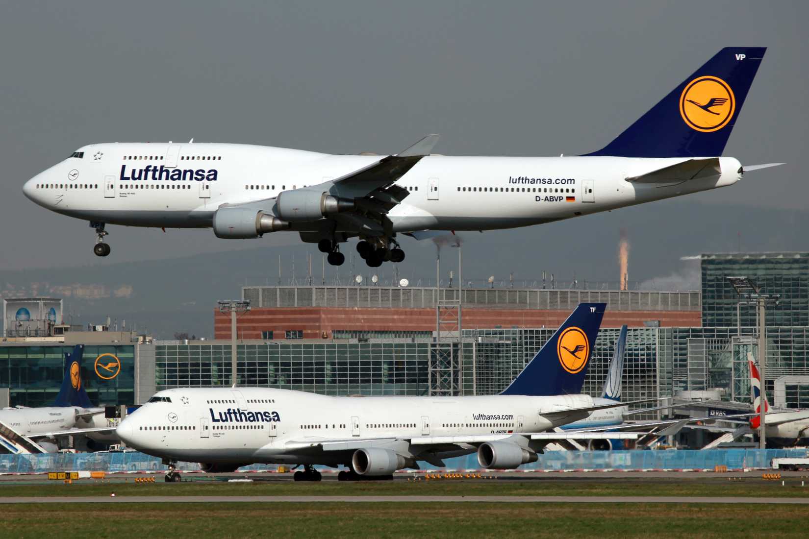 Two Lufthansa Boeing 747-400 at Frankfurt Airport FRA shutterstock_95658298