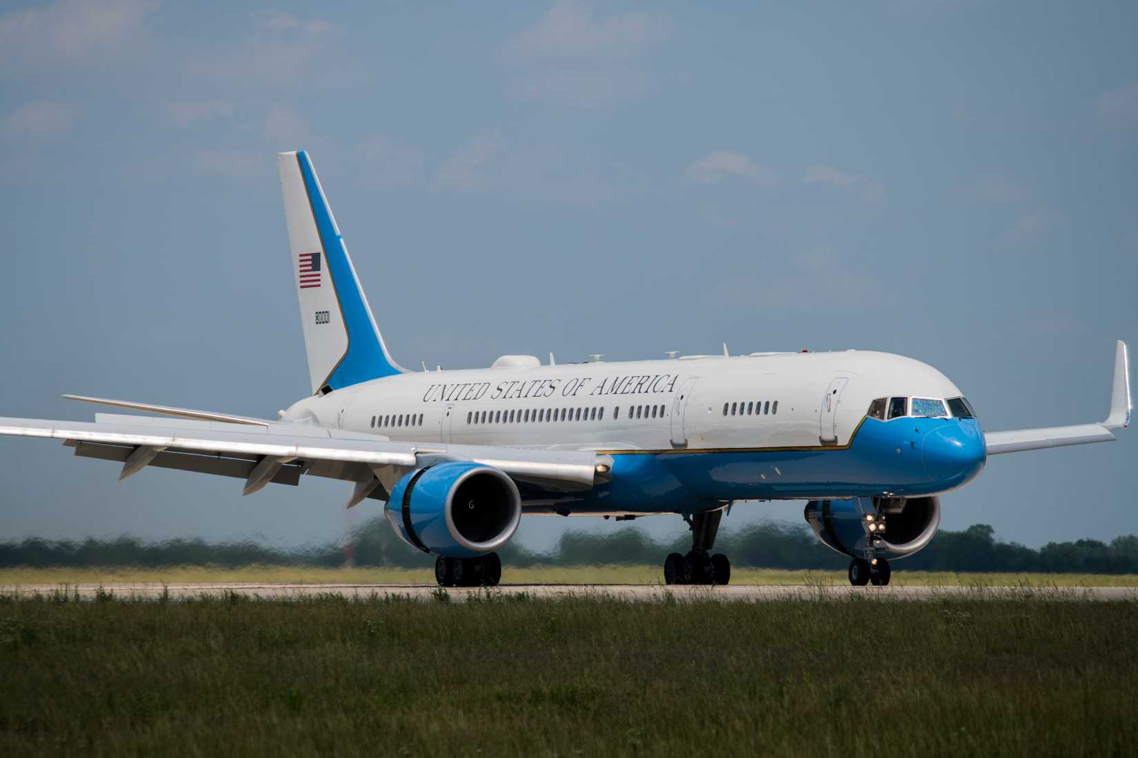 A C-32 lands on the flightline at Joint Base Andrews