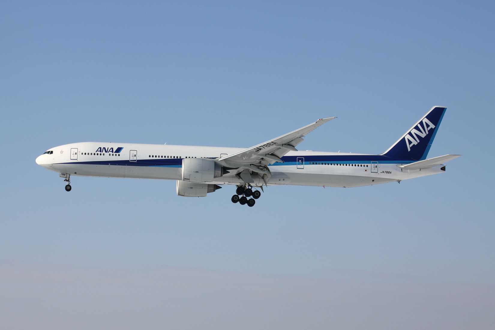 ANA All Nippon Airways Boeing 777-300 with registration JA788A on short final for runway 25L of Frankfurt Airport.