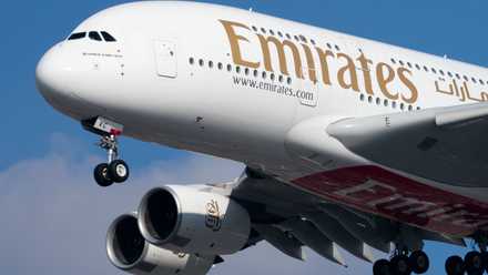 An Emirates Airbus A380 taking off