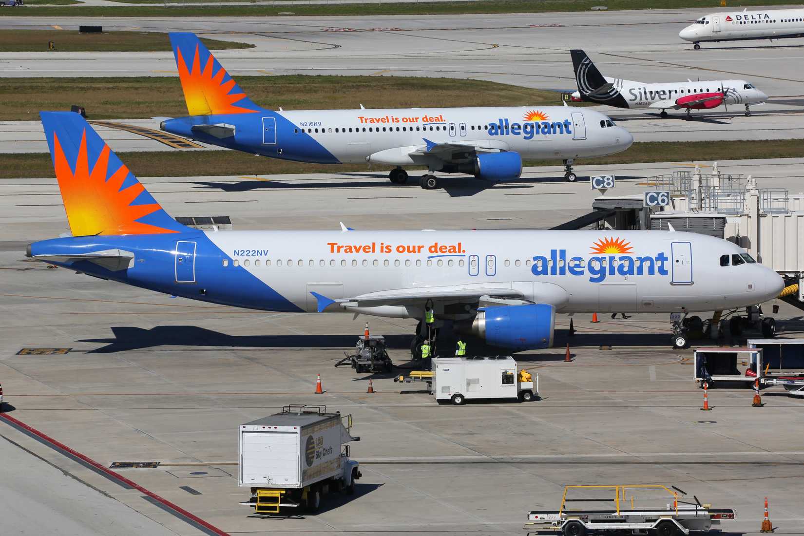 Allegiant Air airplanes taxi at Fort Lauderdale Airport (FLL) in the United States.
