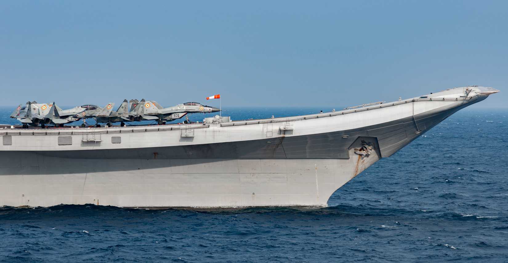 The Kiev-class aircraft carrier INS Vikramaditya (R 33) steams in formation while participating in Malabar 2020-1