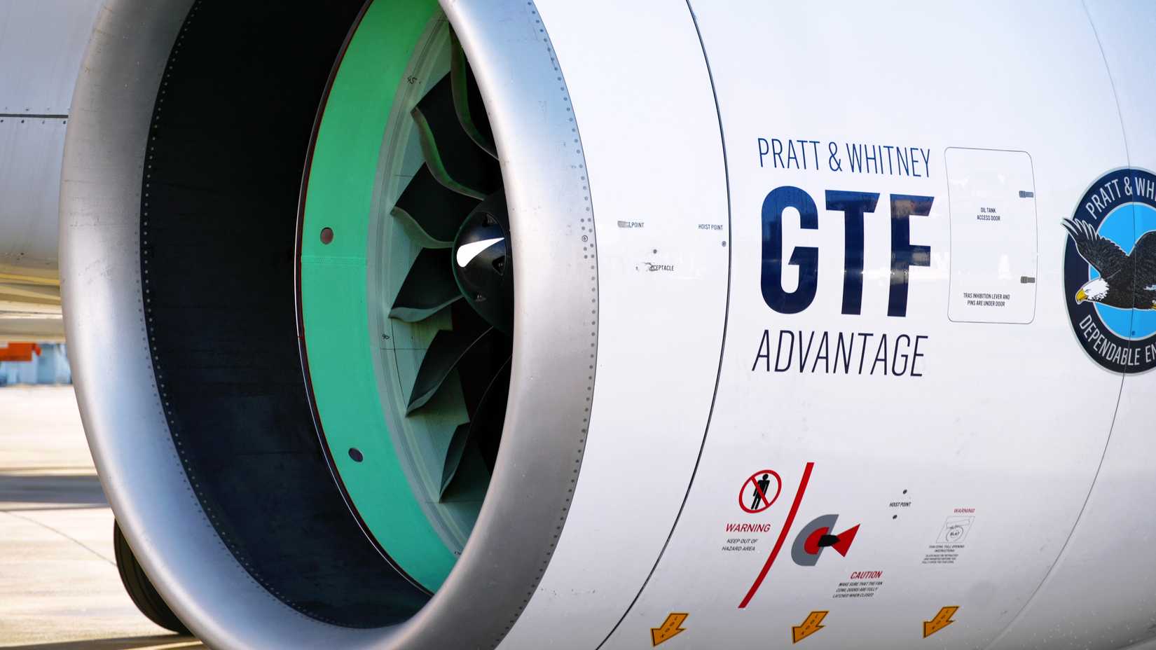 A close up of a Pratt and Whitney GTF engine on an A320NEO
