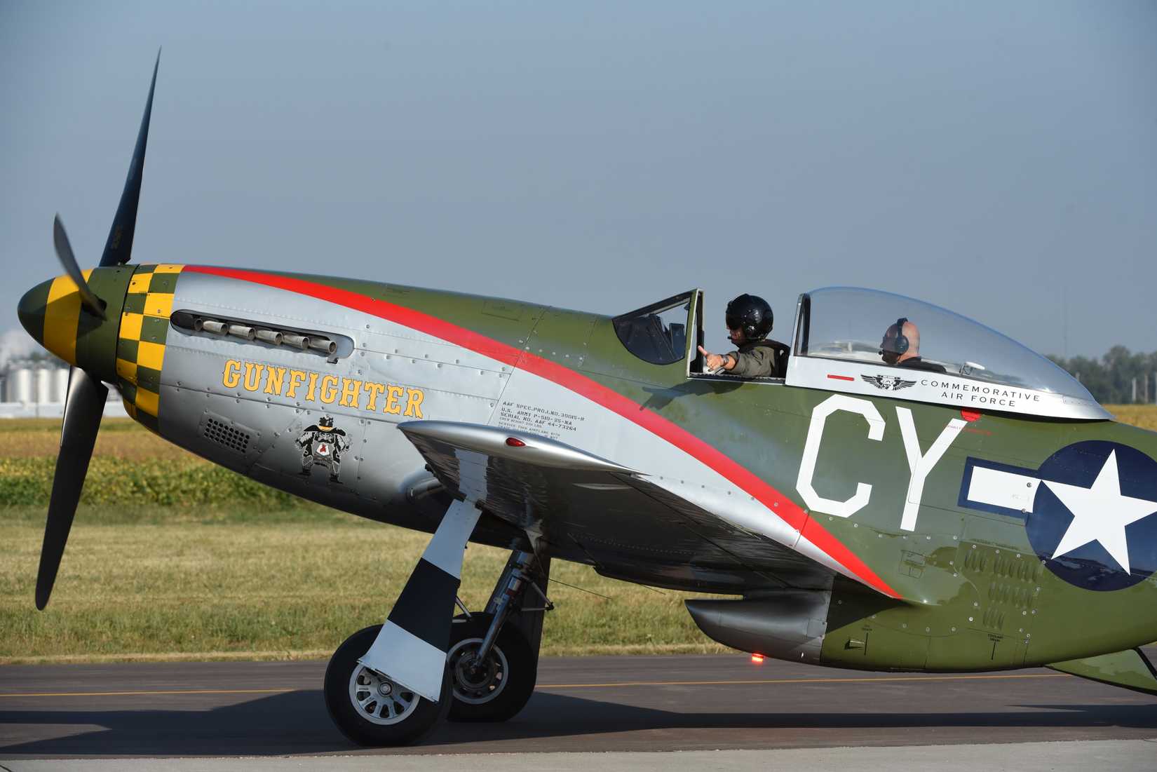 A Commemorative Air Force P-51 Mustang taxis prior to take off at the Sioux City, Iowa airport on September 19, 2024