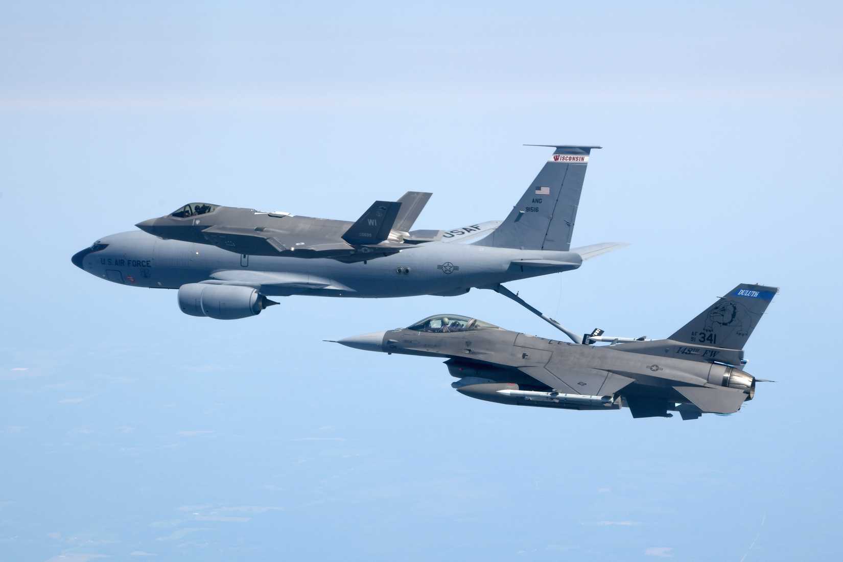 A U.S. Air Force F-16C Fighting Falcon assigned to the 148th Fighter Wing, Minnesota Air National Guard, and U.S. Air Force F-35A Lightning II assigned to the 115th Fighter Wing.