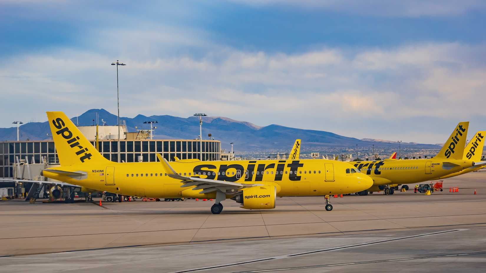 Afternoon view of Spirit airline airplane in Harry Reid International Airport