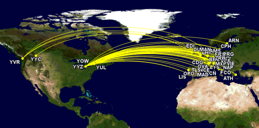 Air Canada widebody transatlantic routes in June