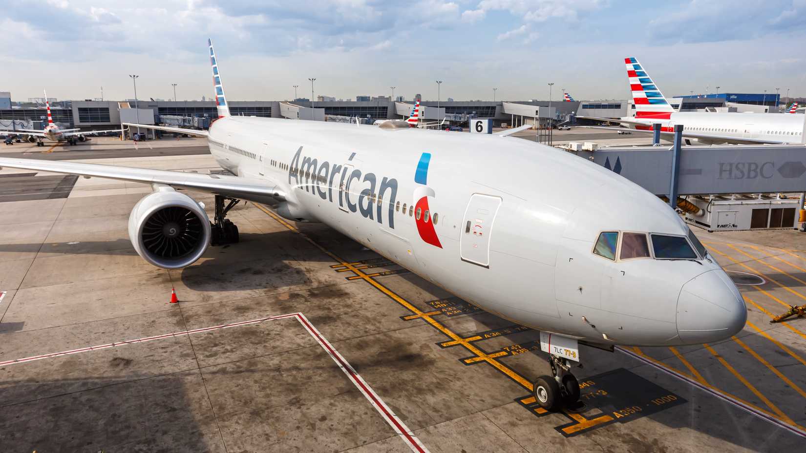 American Airlines Boeing 777-300ER airplane at New York JFK Airport in the United States.