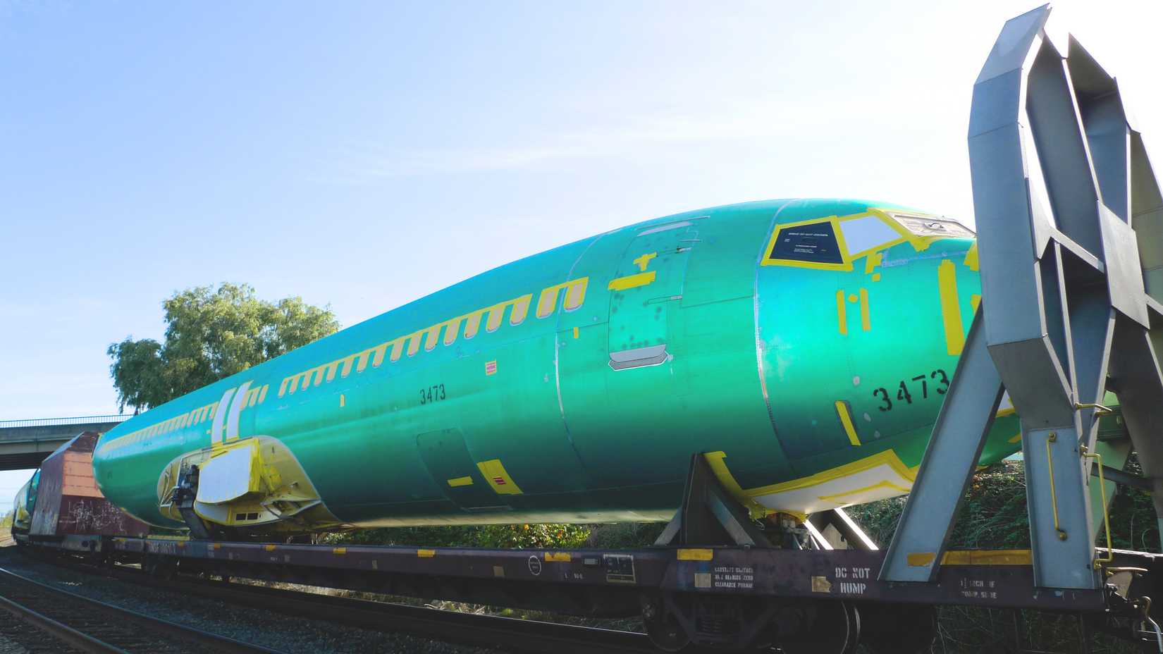 Boeing 737NG fuselages on train flatcars, being shipped to the Boeing factory at Renton, Washington. Fuselage No. 3473 in the foreground became Boeing 737-800 MSN 35837.