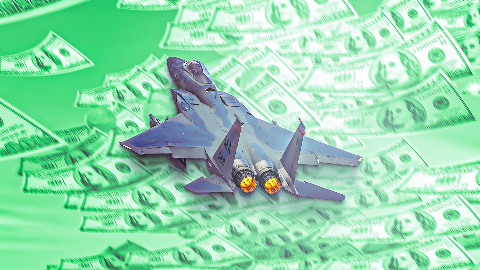 F-15 Eagle flying over money
