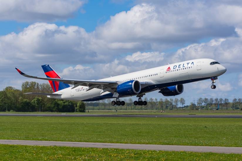 Delta Air Lines Airbus A350-900 taking off from Amsterdam Schiphol Airport.