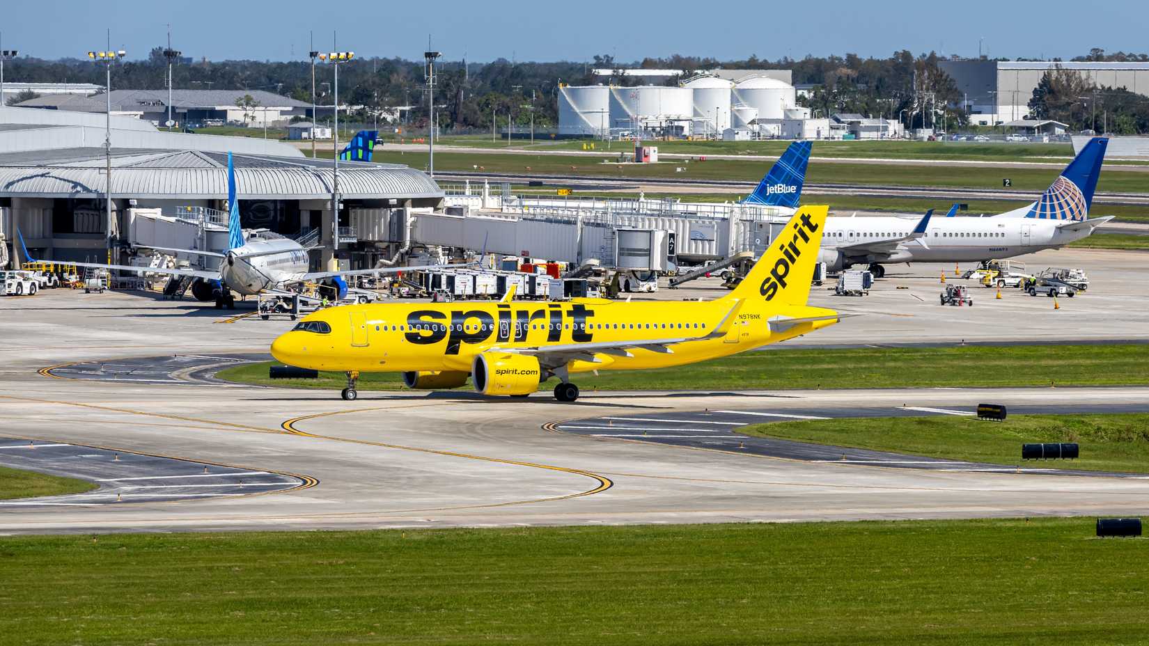 Spirit Airlines Airbus A320neo airplane at Tampa Airport in the United States.