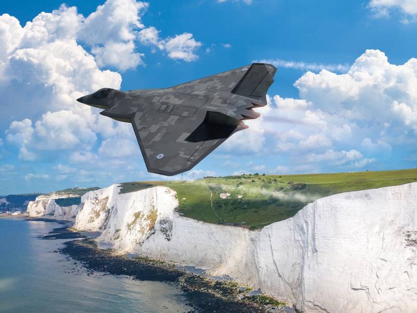 A BAE render of the GCAP or Tempest in flight over the Cliffs of DOver.