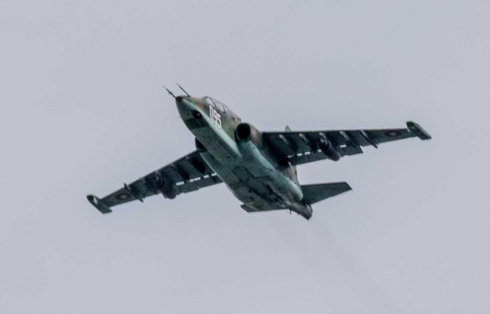 A Bulgarian Air Force Su-25 “Frog foot” close air support jet circles back.