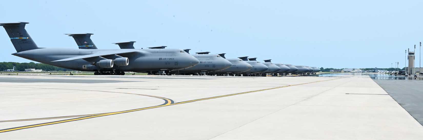 A group of C-5M Super Galaxy aircraft sits on the flightline June 3, 2025, at Dover Air Force Base, Delaware.