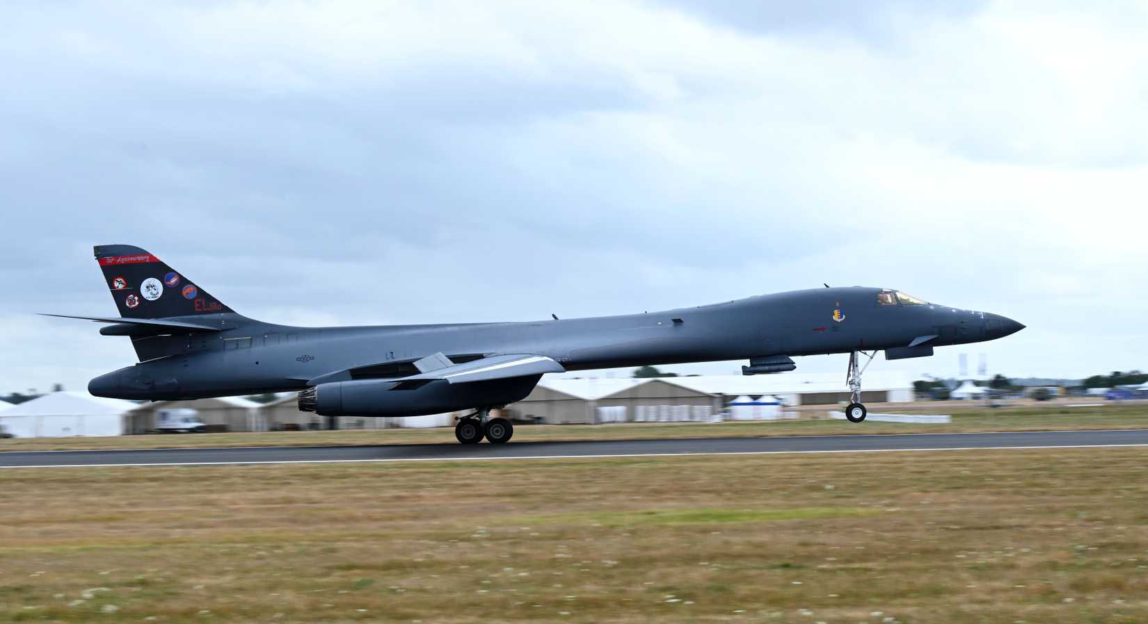 A U.S. Air Force B-1B Lancer assigned to the 37th Bomb Squadron, Ellsworth Air Force Base, S.D., lands at Royal Air Force Fairford for RIAT 2025.