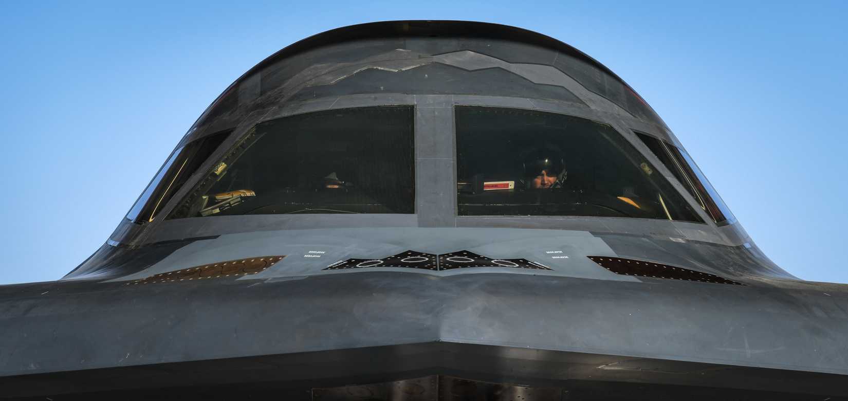 A U.S. Air Force B-2 Spirit aircrew performs pre-flight checks in the cockpit of their aircraft at Whiteman Air Force Base, Missouri, March 8, 2020.