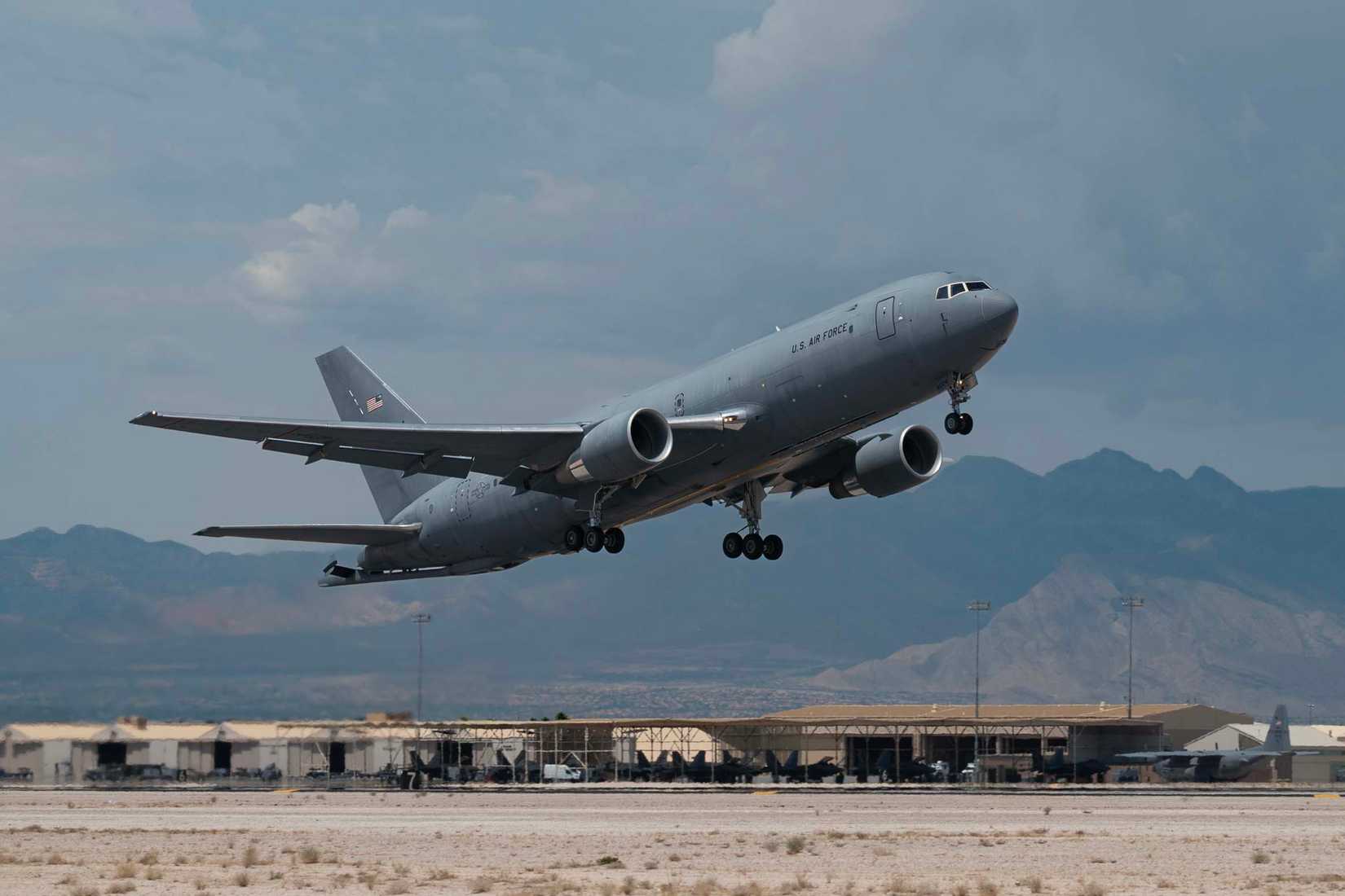 A U.S. Air Force KC-46 Pegasus takes off in support of a mission during U.S. Air Force Weapons School Integration (WSINT).