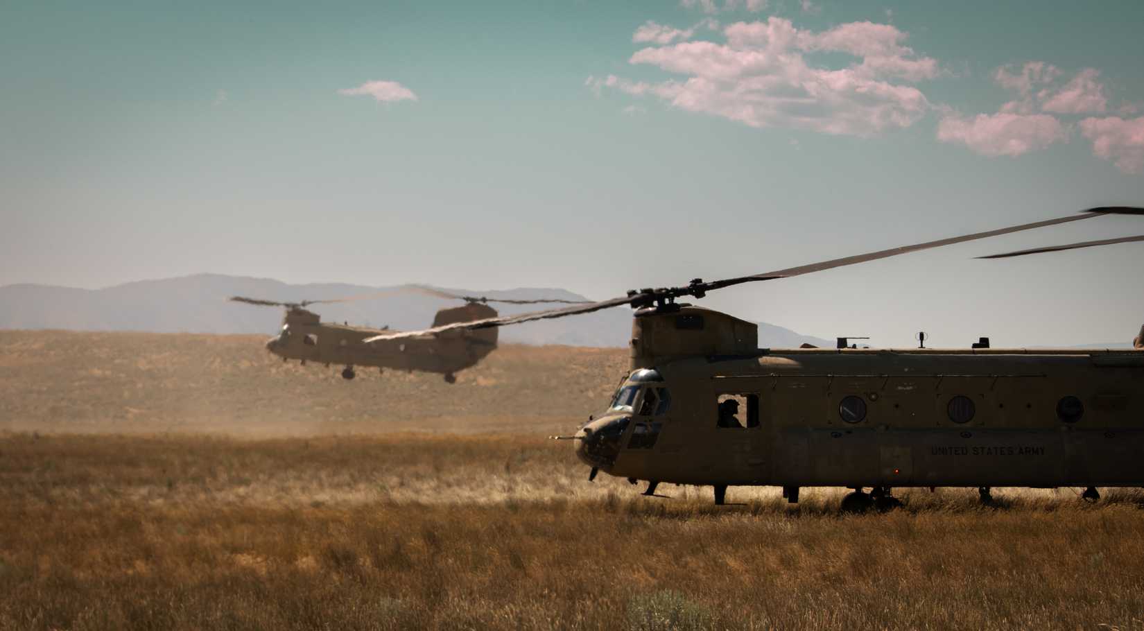 CH-47 Chinook helicopters with 1st Battalion, 168th Aviation (General Support), 96th Aviation Troop Command, Washington National Guard arrive to support a training exercise.