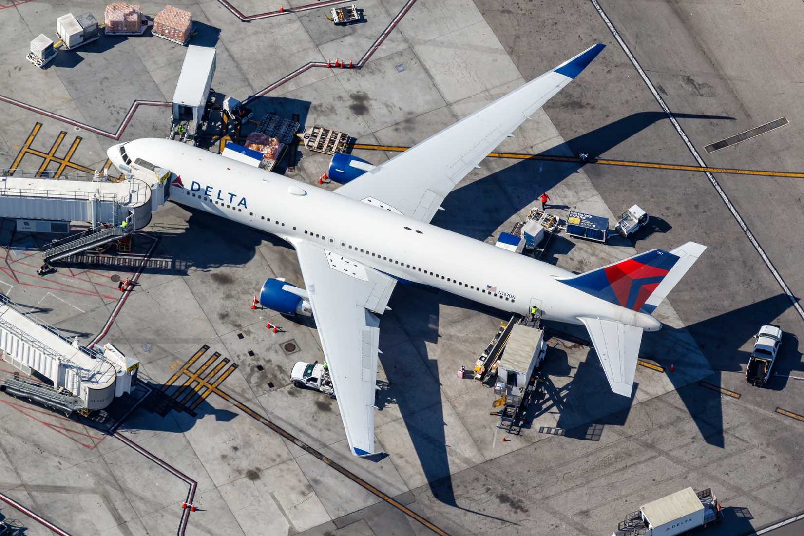 Delta Air Lines Boeing 767-300(ER) airplane at Los Angeles airport (LAX) in the United States aerial view.