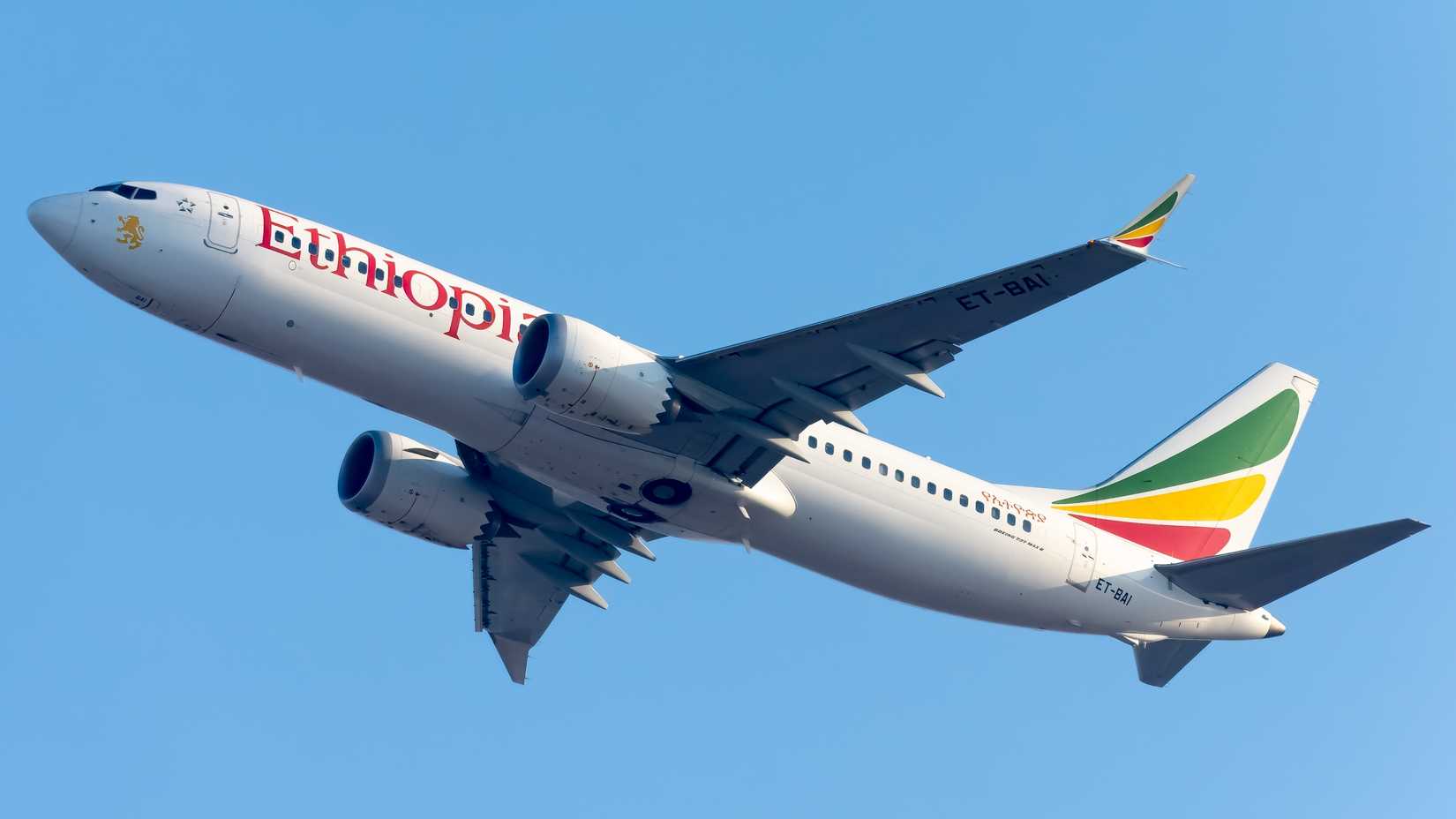 Ethiopian Airlines Boeing 737-8 MAX seen departing Tel Aviv Ben Gurion Airport.