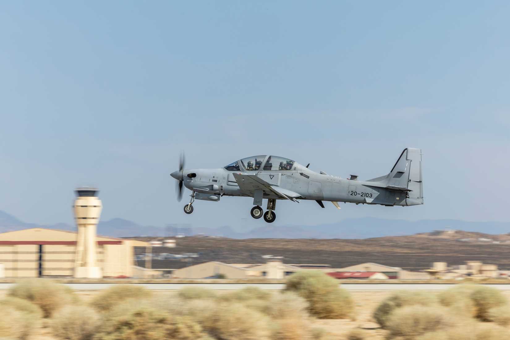 Instructors at Air Force Test Pilot School depart Edwards Air Force Base in California during an A-29C training flight.