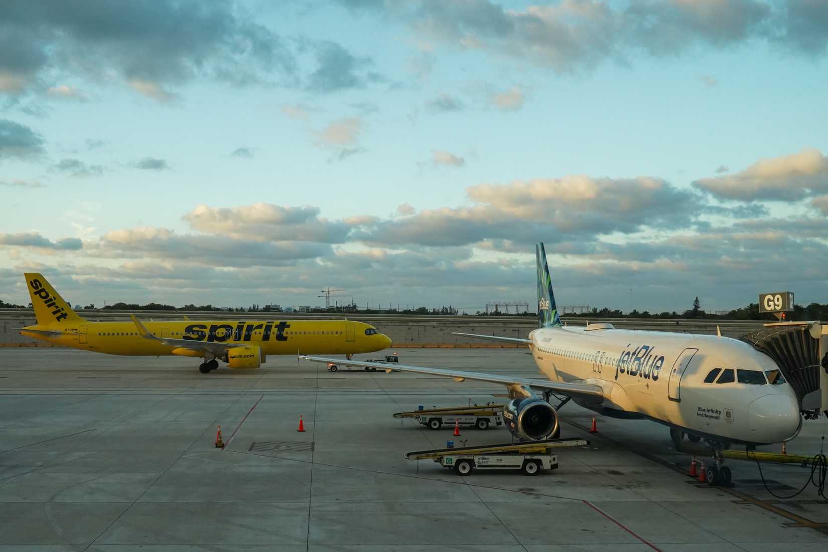 JetBlue and Spirit Airlines aircraft at FLL shutterstock_2455003135