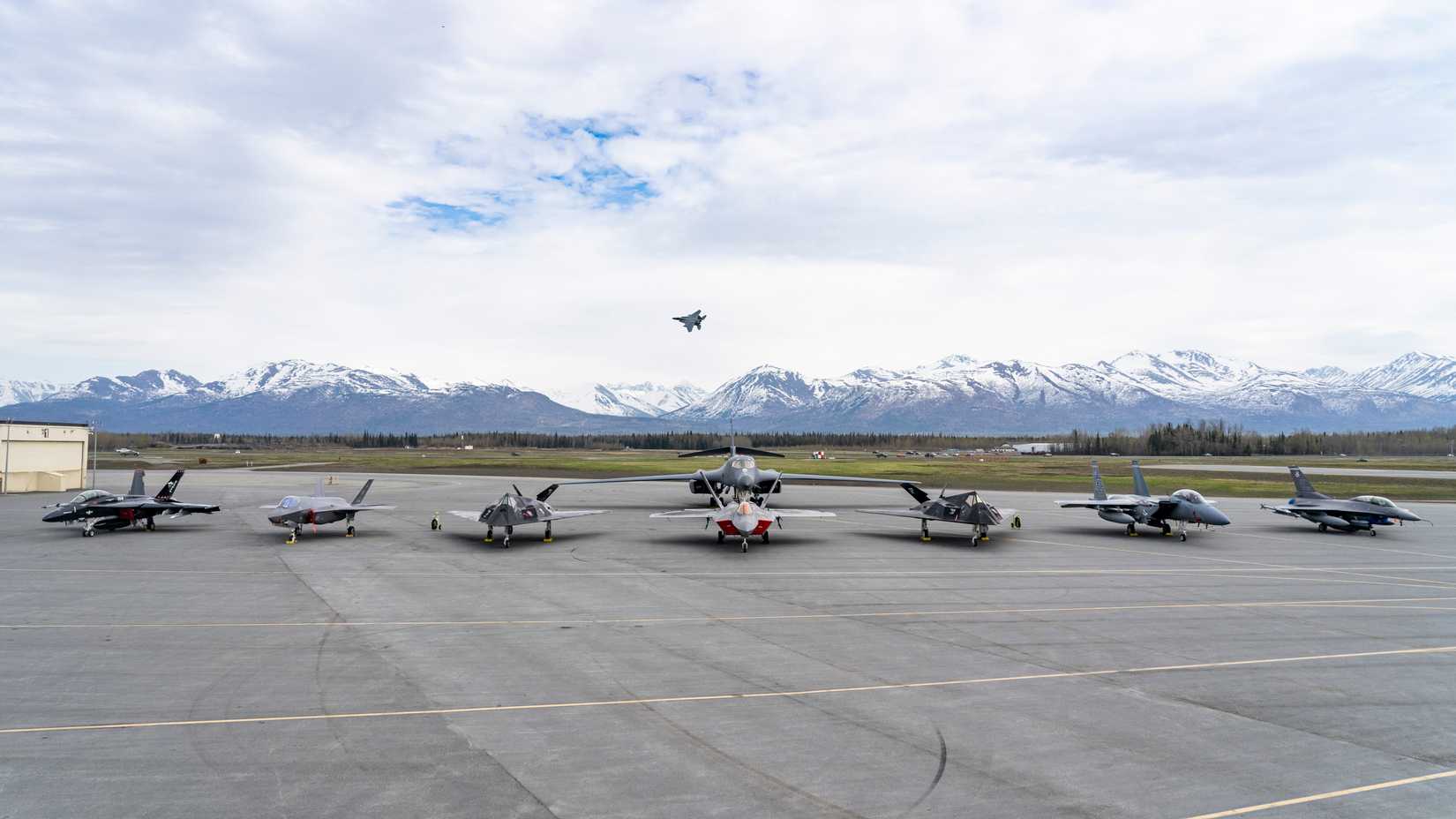 Jets of 422nd Test and Evaluation Squadron, are lined up on the flightline during Northern Edge 23-1 at Joint Base Elmendorf-Richardson, Alaska, May 18, 2023.