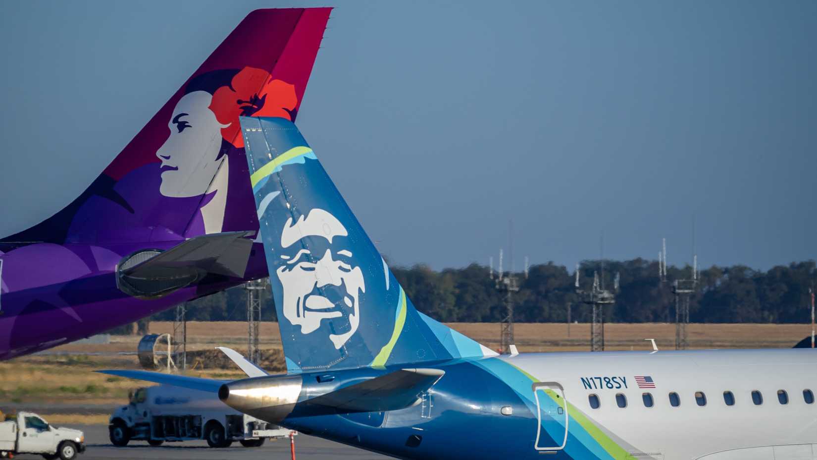 Logos of Hawaiian Airlines and Alaska Airlines on Airplanes; Couple, Connection